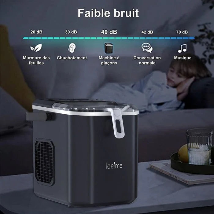 LOEFME Machine à glaçons 1.2L-9 Glaçons en 6 min 12kg/24h- autonettoyante silencieuse, deux tailles de glace，Avec support