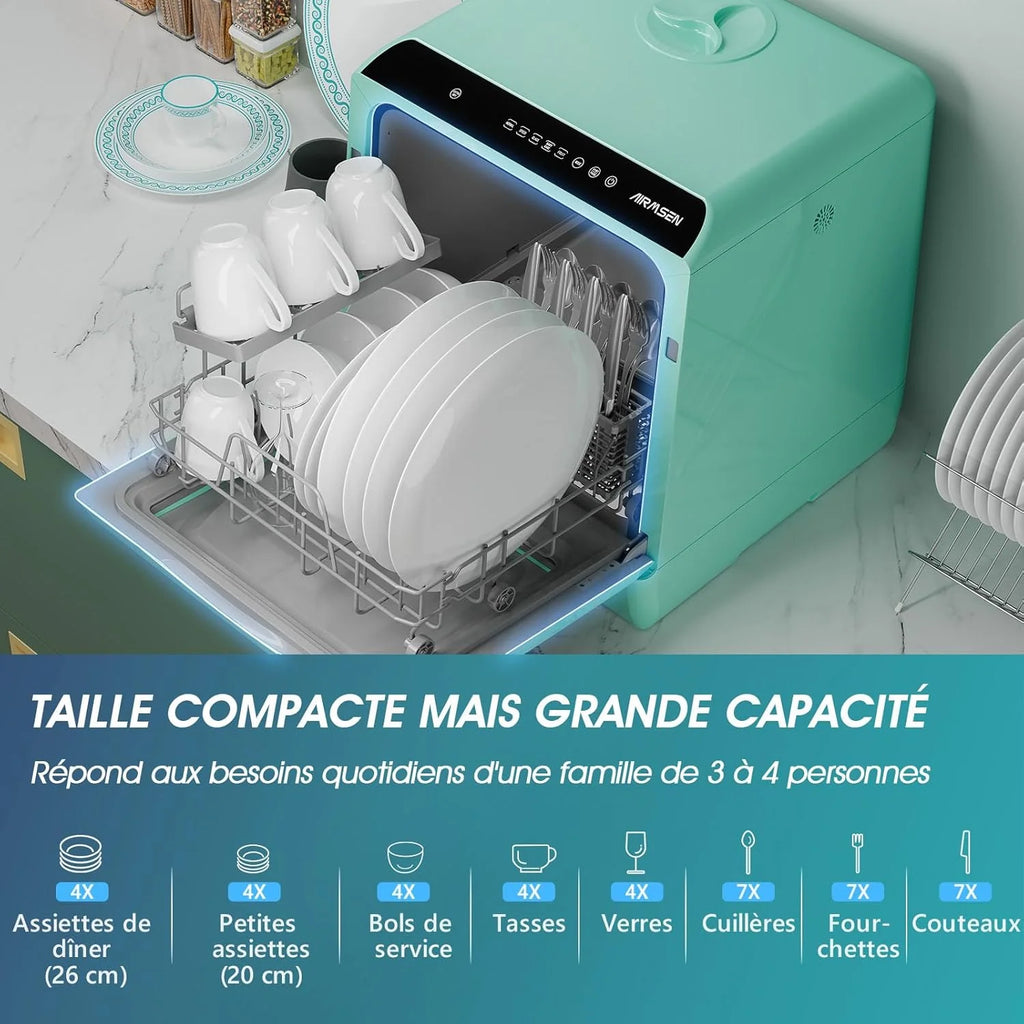 AIRMSEN Mini Lave-Vaisselle de Comptoir, 5+1 Programmes, Réservoir d'Eau de 5L, Contrôle Tactile et Écran LED, Adapté pour les Cuisines Familiales, Appartements et Dortoirs, Vert