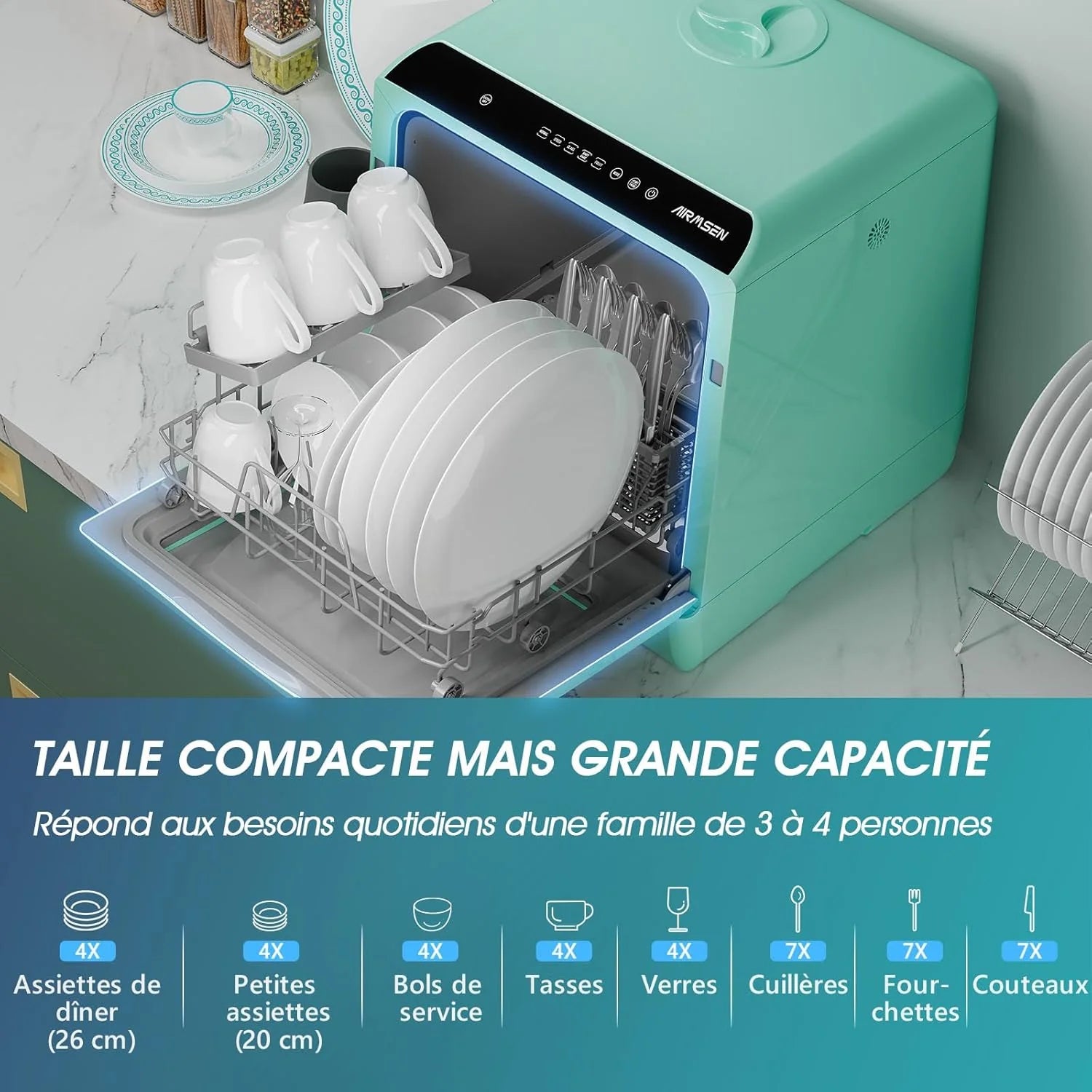 AIRMSEN Mini Lave-Vaisselle de Comptoir, 5+1 Programmes, Réservoir d'Eau de 5L, Contrôle Tactile et Écran LED, Adapté pour les Cuisines Familiales, Appartements et Dortoirs, Vert