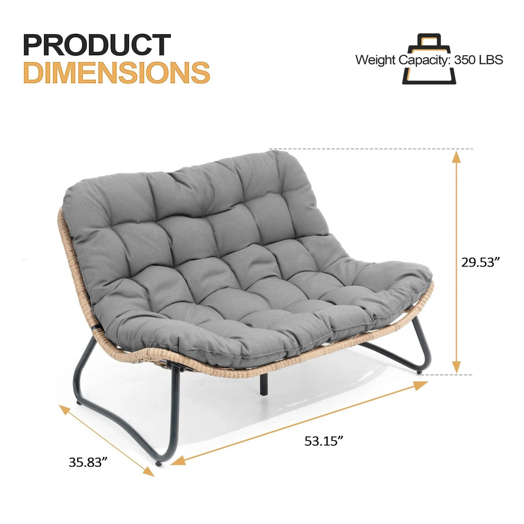 Causeuse double Papasan avec coussin, rotin PE tout temps et cadre en métal pour l'intérieur et l'extérieur