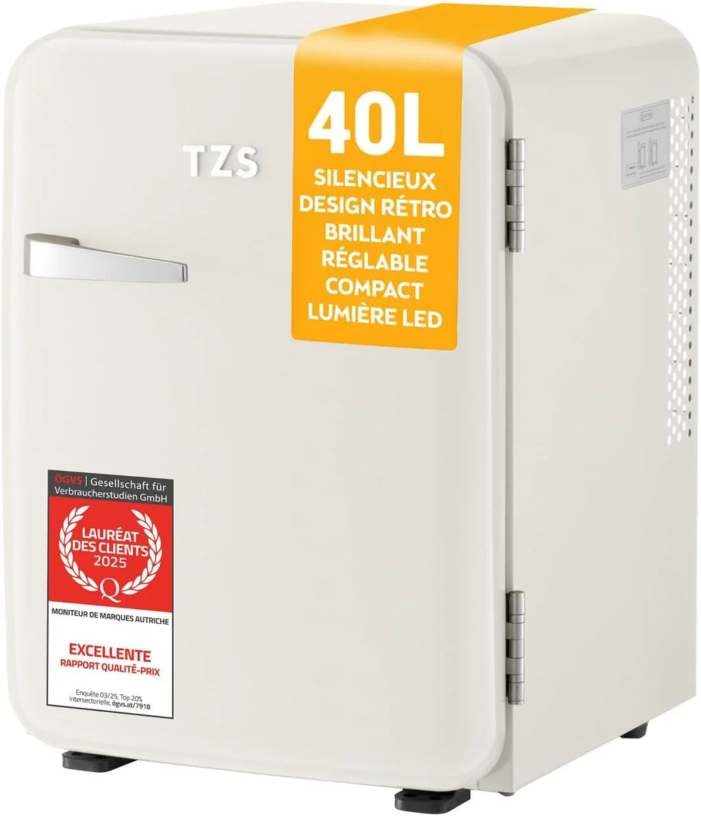 TZS First Austria - Mini Réfrigérateur Rétro 40L silencieux - Petit Minifrigo design vintage avec lumière intérieure et 2 compartiments de porte - Minibar pour camping, bureau, chambre & hôtel - Crème