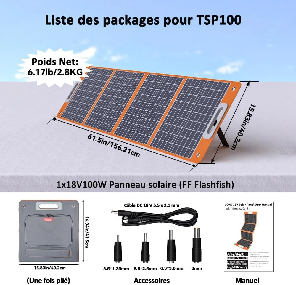 FlashFish 520Wh Generateur Electrique avec Panneau Solaire 100W,Station Electrique Portable avec 2x CA 560W(crête 1100W),5x Sorties CC et 4x USB,Batterie de Secours pour Camping,Extérieur,Domestique