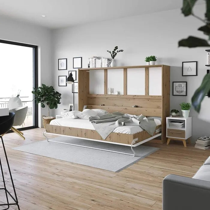 Armoire Lit Escamotable 140x200 Cm Supérieur Horizontal Mural Chêne Sauvage/blanc Lit