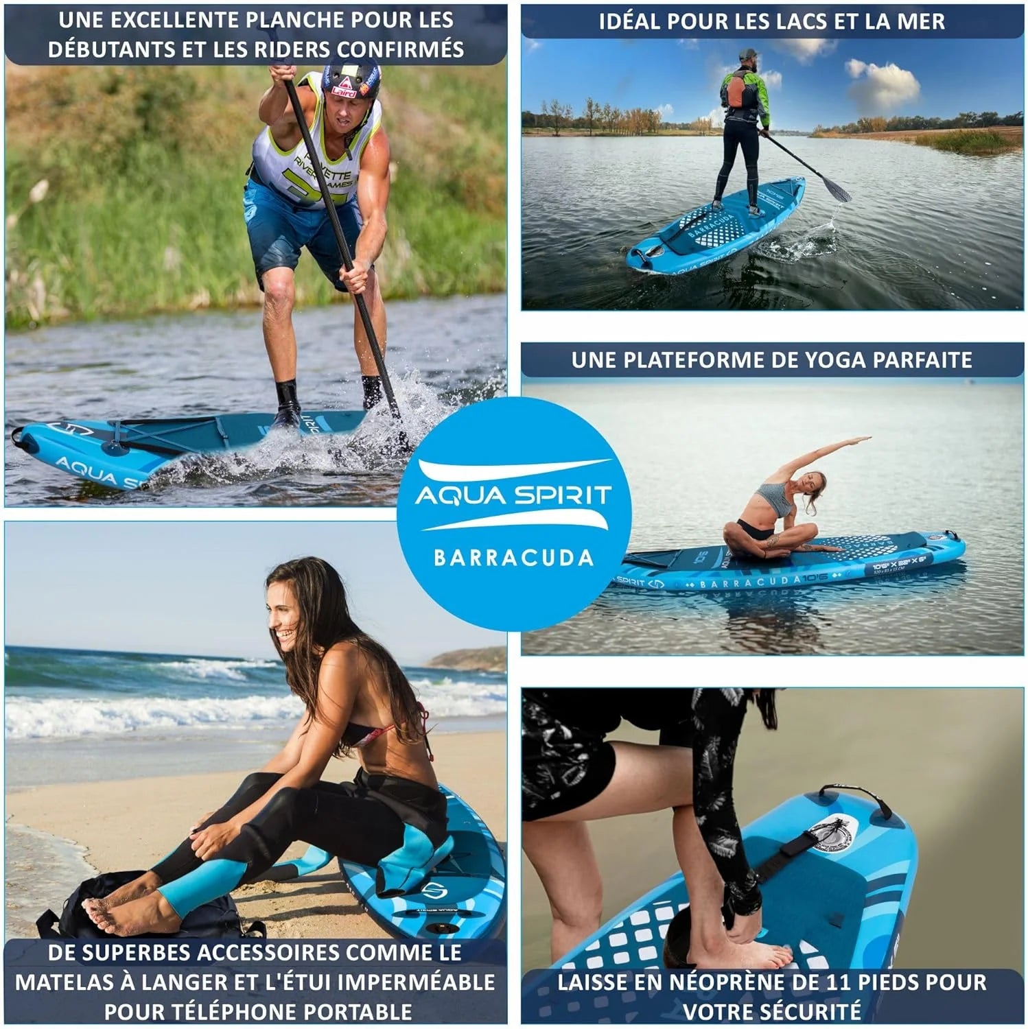 Aqua Spirit Sup Planche à pagaie Gonflable Stand Up 2023 3 m / 10 m / 10 m / 10/12 pi 6/15 pi / 18 po Kit Complet de Conversion de Kayak avec pagaie, Sac à Dos, Pompe et Autres Accessoires