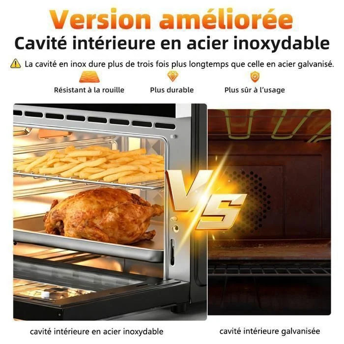 Mini four professionnel - Four a air, 30L/21 Programmes/30-230℃, Lumière intégrée, Cavité et plateaux en acier inoxydable