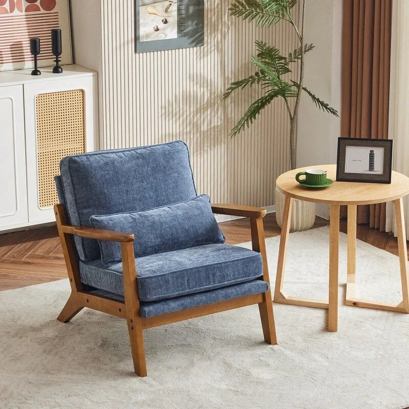 Fauteuil d'appoint rembourré en mélange de lin avec pieds en bois et un oreiller beige