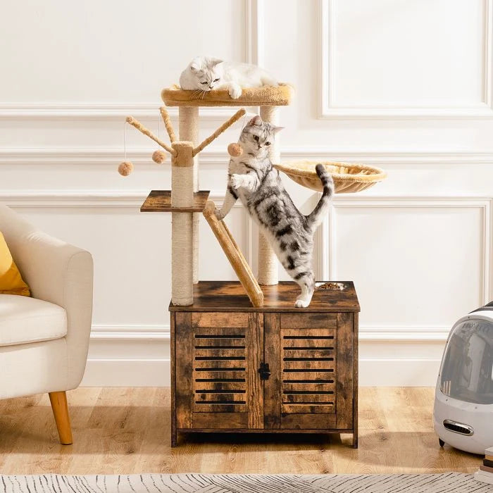 HOOBRO Arbre à Chat avec Maison de Litière pour Chat, Maison pour Chat en Bois avec Tour à Chat, Grège