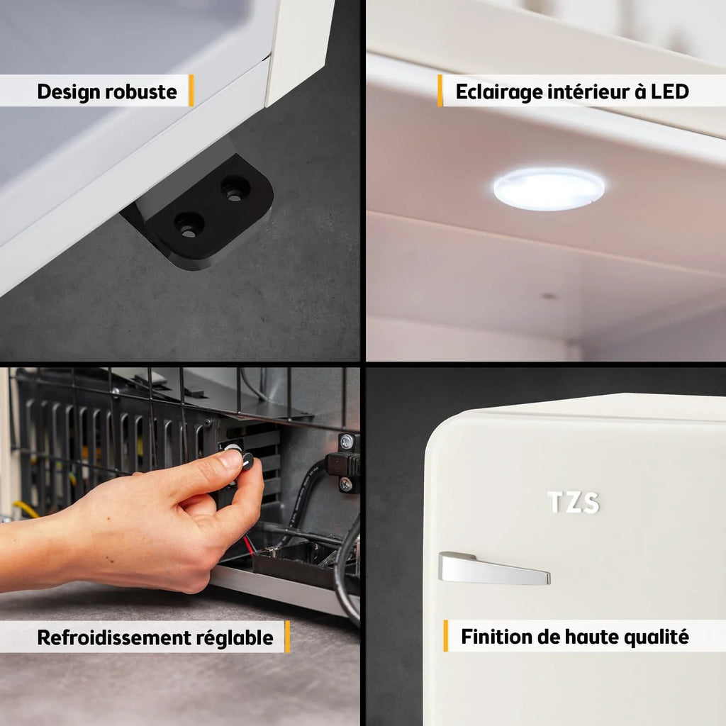 TZS First Austria - Mini Réfrigérateur Rétro 40L silencieux - Petit Minifrigo design vintage avec lumière intérieure et 2 compartiments de porte - Minibar pour camping, bureau, chambre & hôtel - Crème