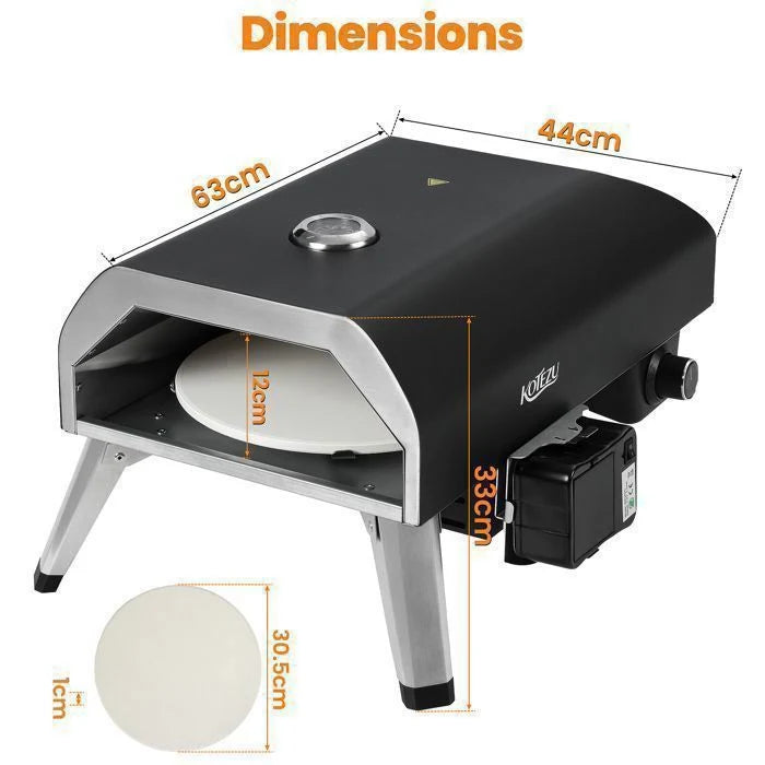 KOTEZU Four à Pizza Gaz 12", Pierre Rotative Auto, 4,4 kW, Thermomètre