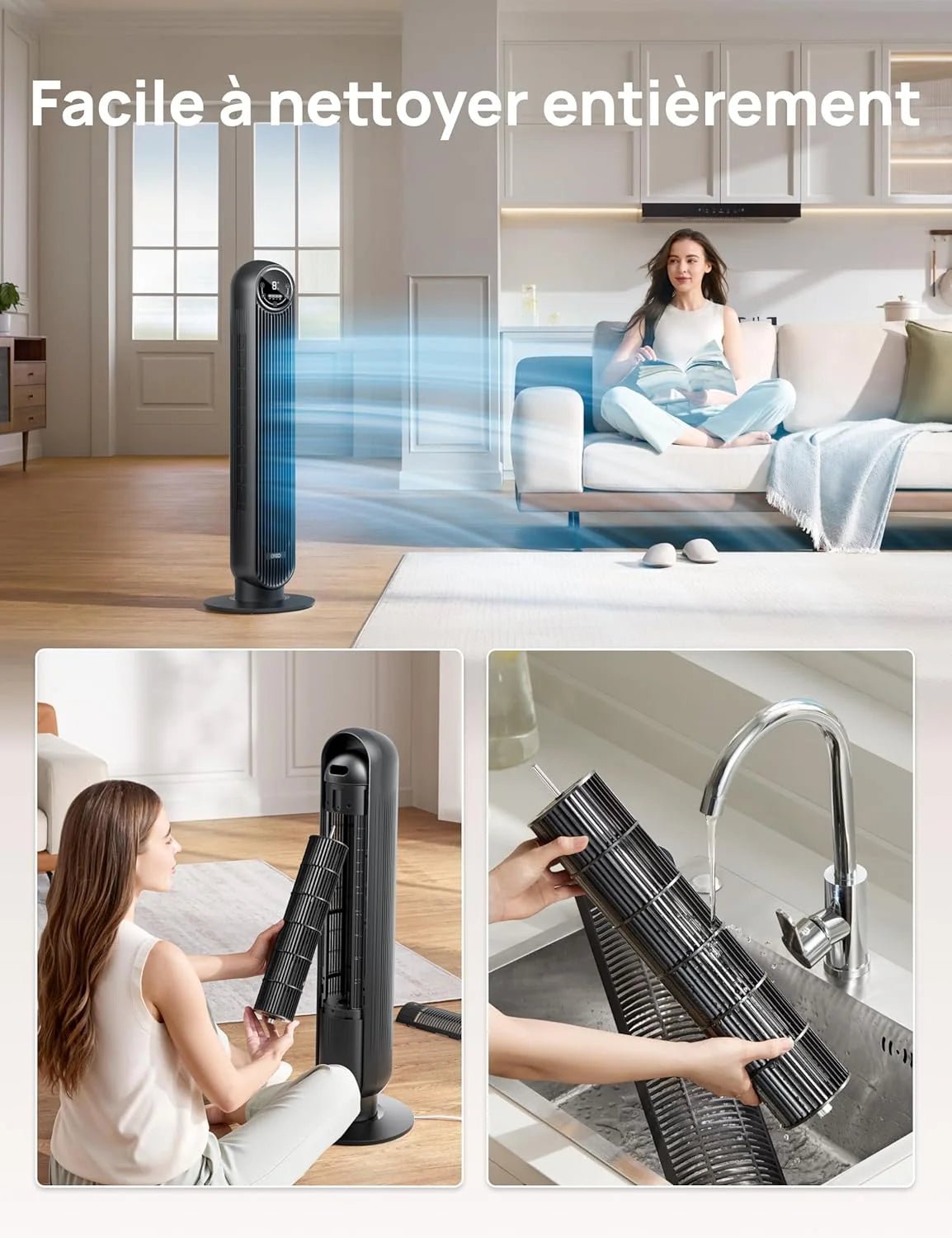 Dreo 20dB ventilateur colonne silencieux pour chambre, 7,6 m/s, oscillant à 90°, 92 cm, avec télécommande, ventilateurs tour équipés de 4 vitesses, 4 modes, et minuterie 8H, noir, Nomad One