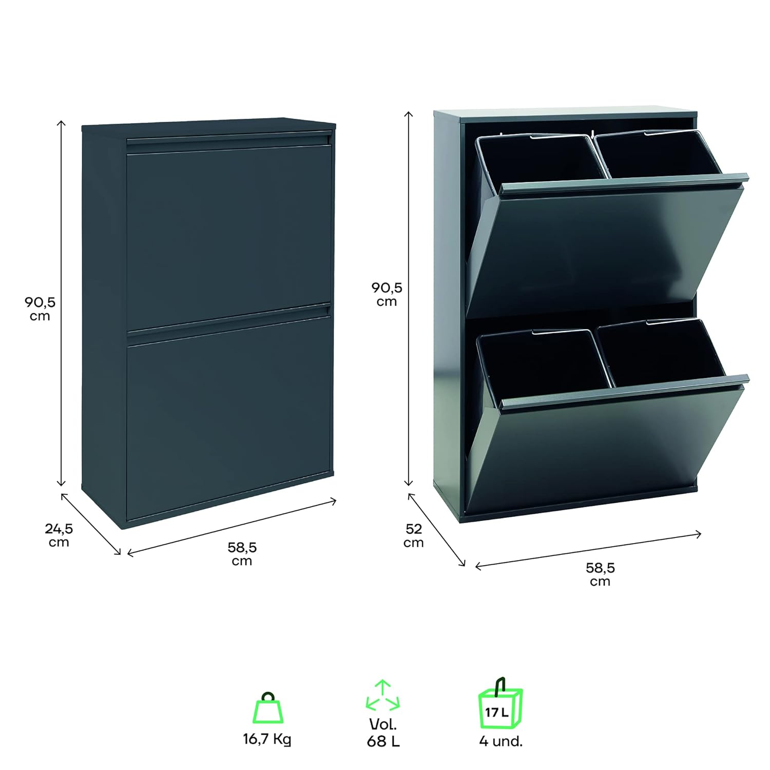 ARREGUI Basic CR604-B Poubelle de Recyclage Cuisine 4 Bacs | 4 x 17 L (68 L) | Poubelle de Tri Sélectif 4 Rangements | Meuble Poubelle en Acier avec 4 Seaux | Sac Poubelle | anthracite : Cuisine et Maison