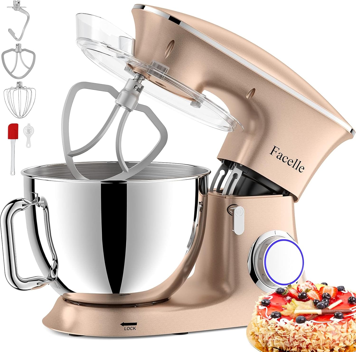 Facelle Robot Ptissier Multifonctions de Cuisine 1500W 8.5L, Puissant, Métalique, Mixeur Batteur sur Scole, avec Batteur, Fouet, Crochet Pétrin, 6 Vitesses,Robot Patisserie Multifonction