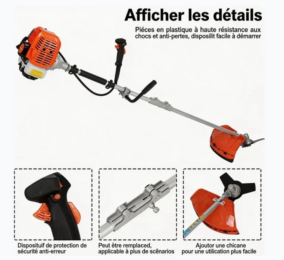 Débroussailleuse à essence 52 cc 2 temps, tige droite avec système anti-vibration, sangle de transport + accessoires pour coupe de jardin et entretien du paysage (2 en 1)