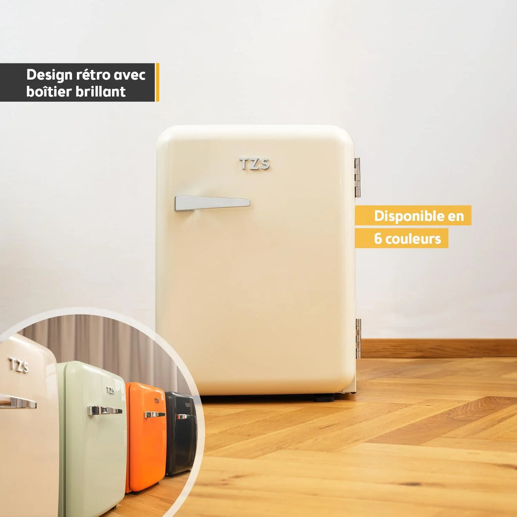 TZS First Austria - Mini Réfrigérateur Rétro 40L silencieux - Petit Minifrigo design vintage avec lumière intérieure et 2 compartiments de porte - Minibar pour camping, bureau, chambre & hôtel - Crème