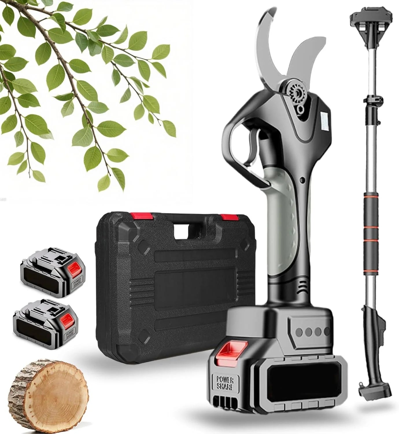 Sécateur électrique professionnel sans fil avec perche télescopique 2,1 m, écran LCD, batteries lithium rechargeables (2)(Noir/Argent)