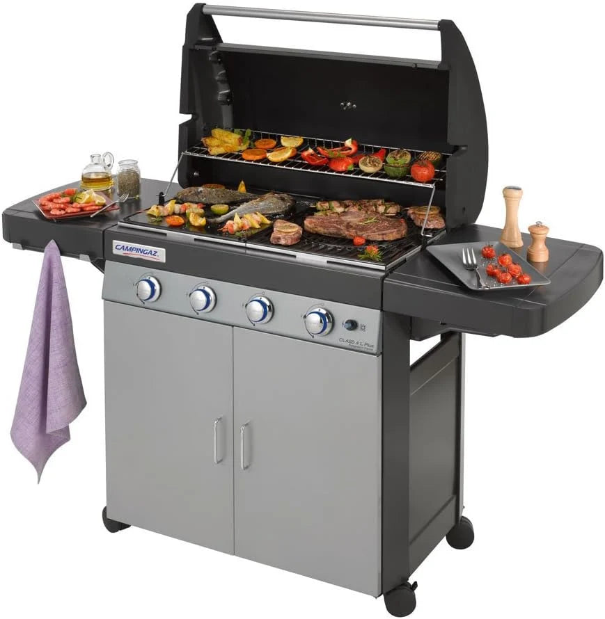 Campingaz Barbecue à gaz Class 4 L Plus, 4 brûleurs, Puissance 12.8kW, Système de nettoyage facile InstaClean, Grille et plancha en fonte double émaillage, 2 tablettes latérales