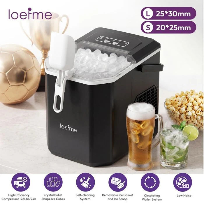 LOEFME Machine à glaçons 1.2L-9 Glaçons en 6 min 12kg/24h- autonettoyante silencieuse, deux tailles de glace，Avec support