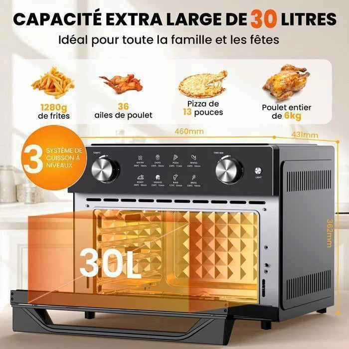 Mini four professionnel - Four a air, 30L/21 Programmes/30-230℃, Lumière intégrée, Cavité et plateaux en acier inoxydable