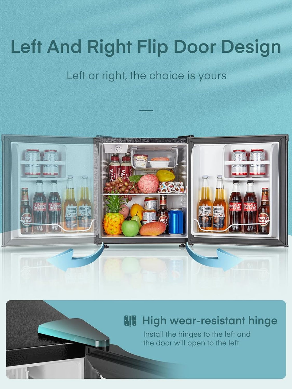 FOHERE Mini Réfrigérateur 46L, Petit Frigo avec Thermostat Réglable, Économie d'Énergie, Silencieux, Porte Réversible, Minibar, Adapté à la Maison et au Bureau, Dortoir, Hôtel, Inox