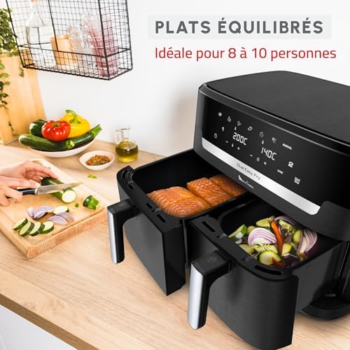 Moulinex air fryer deux compartiments, très grande capacité 11L, 10 personnes, 7 Programmes automatiques, friteuse sans huile, Ecran tactile digital, Dual inox, EZ942BF0, Gris foncé : Cuisine et Maison