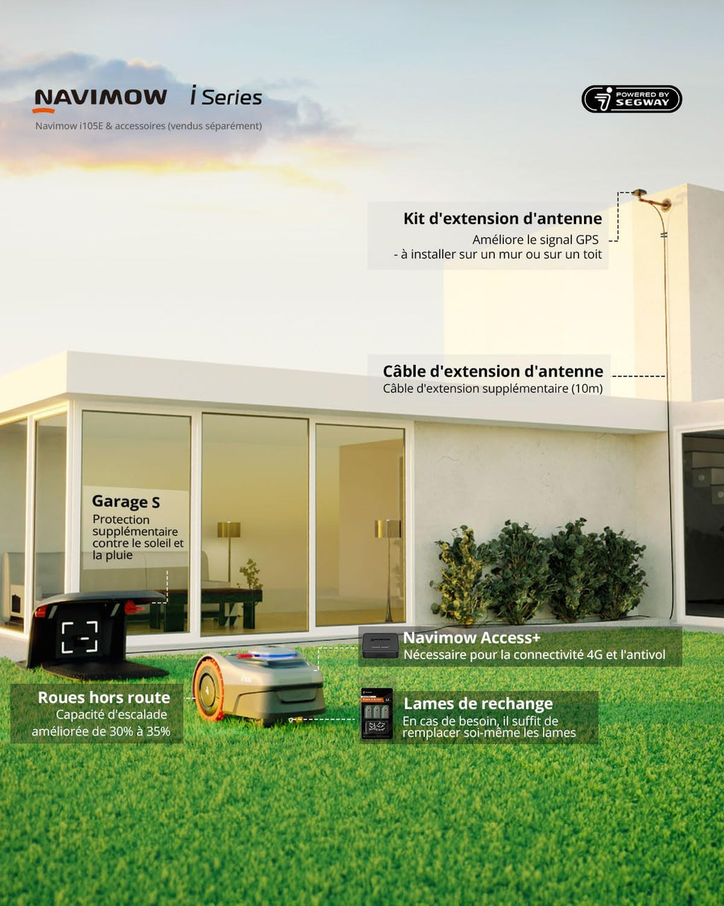 Navimow i105E Robot Tondeuse sans Fil périphérique, Recommandé 500 m², Max. 600 m², RTK+Vision Tondeuse Robot Gazon, IA cartographie Automatique, Limite virtuelle, Gestion multizon
