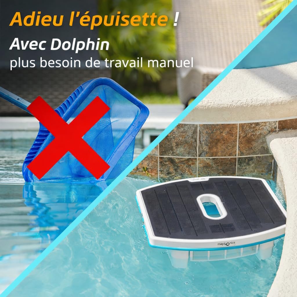Dolphin Skimmi Robot Nettoyeur Skimmer de Piscine, Nettoie la Surface de l’Eau avec Son Panneau Solaire Intelligent, Contrôle par Application, Filtration Fine