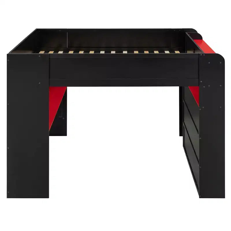 Lit mezzanine double Luxystar avec bureau réglable lumineux, armoire ouverte et bibliothèque
