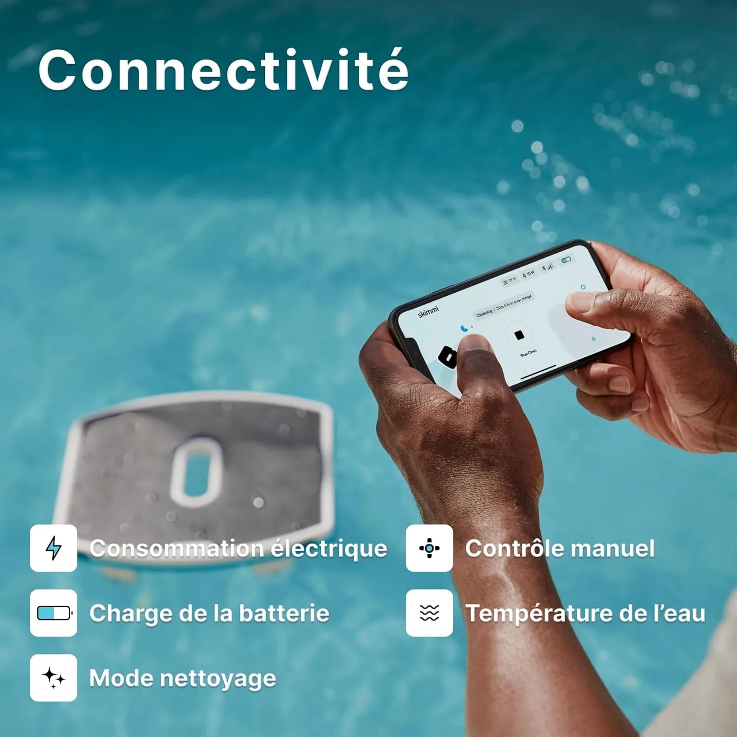 Dolphin Skimmi Robot Nettoyeur Skimmer de Piscine, Nettoie la Surface de l’Eau avec Son Panneau Solaire Intelligent, Contrôle par Application, Filtration Fine
