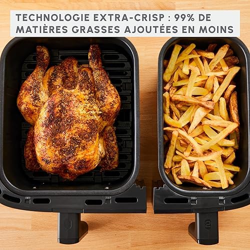Moulinex air fryer deux compartiments, très grande capacité 11L, 10 personnes, 7 Programmes automatiques, friteuse sans huile, Ecran tactile digital, Dual inox, EZ942BF0, Gris foncé : Cuisine et Maison