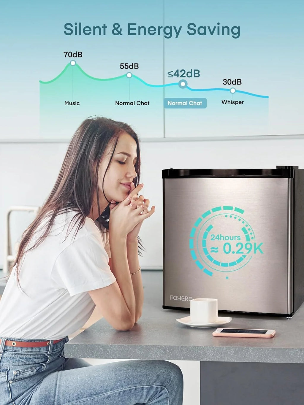 FOHERE Mini Réfrigérateur 46L, Petit Frigo avec Thermostat Réglable, Économie d'Énergie, Silencieux, Porte Réversible, Minibar, Adapté à la Maison et au Bureau, Dortoir, Hôtel, Inox