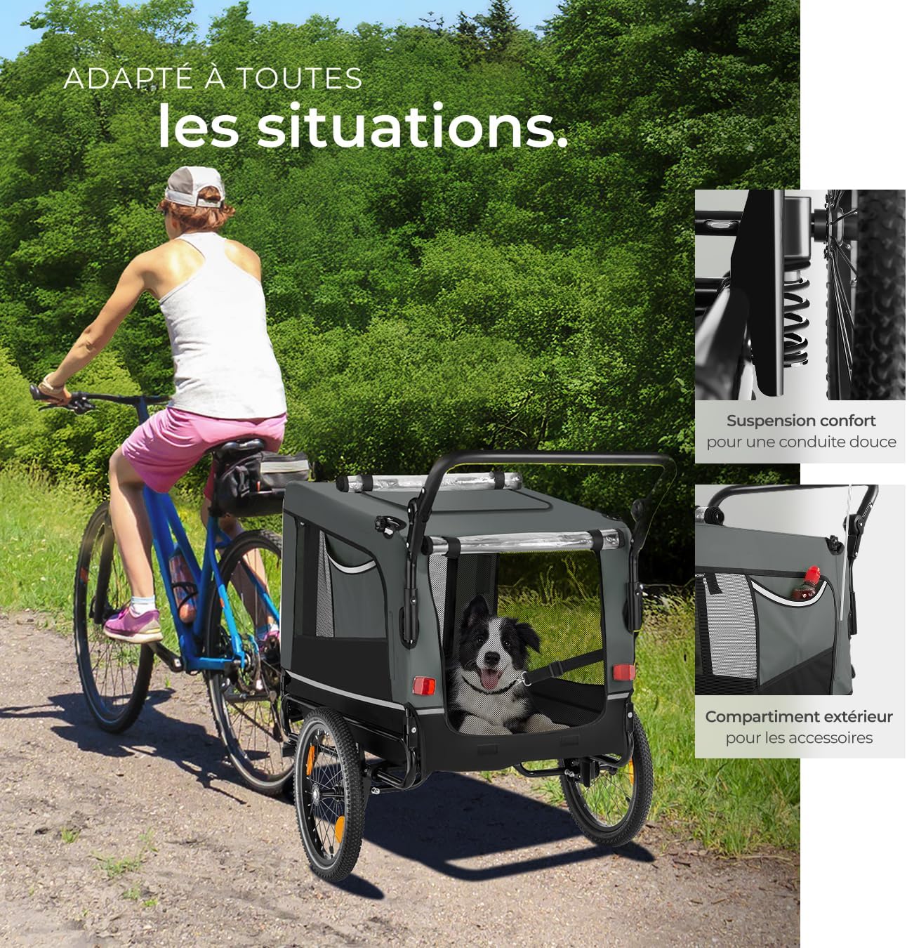 tectake® Remorque Velo Chien 3 en 1 Pliable avec Reflecteurs, Drapeau, Remorques Vélo pour Chiens Aussi comme Poussette Chien Animaux de Compagnie de Taille Moyenne Charge Maximale 40 kg