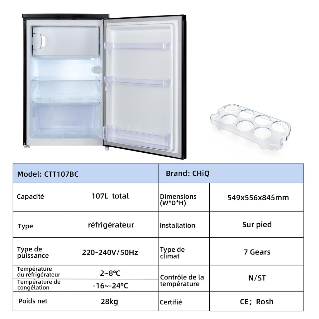 Réfrigérateur congélateur CHiQ 107 L, Classe D, Efficacité énergétique, Ultra silencieux (39 dB), Contrôle de l'humidité, Porte réversible