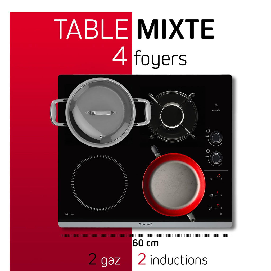 Brandt - BPI6413BM - Plaque Induction et Gaz - Table de Cuisson - Noir - 4 Foyers - 3400W Electrique et 4600 Gaz - Dimensions Encastrement : 56x49cm -