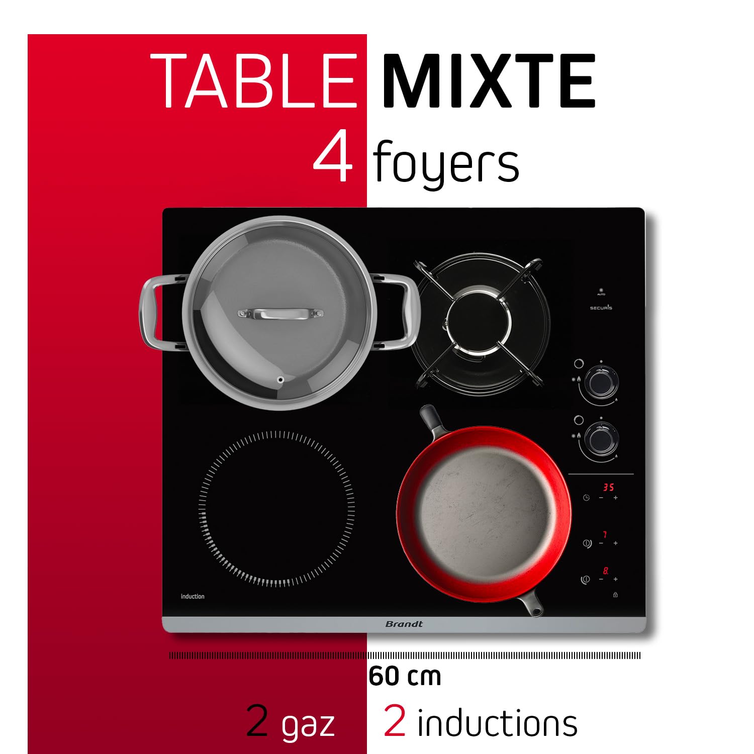 Brandt - BPI6413BM - Plaque Induction et Gaz - Table de Cuisson - Noir - 4 Foyers - 3400W Electrique et 4600 Gaz - Dimensions Encastrement : 56x49cm -