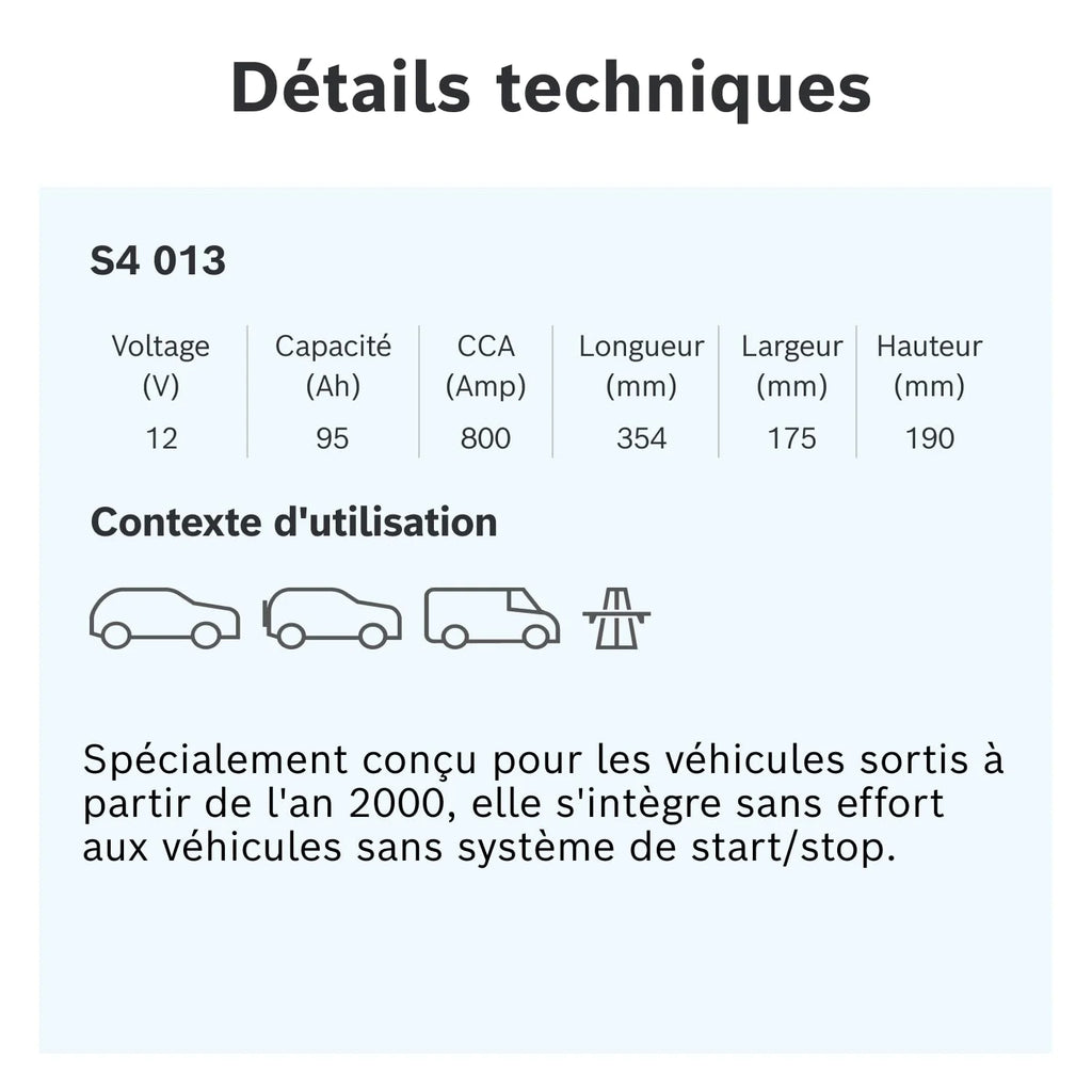 Bosch S4 013 Batterie Auto 95 A/h - 800 A - Batterie 12 V, Plomb-acide pour Véhicules sans Système Start/Stop, Polarité Gauche (-) Droite (+), 354 x 175 x 190 mm