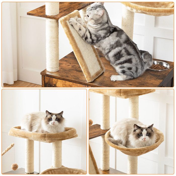 HOOBRO Arbre à Chat avec Maison de Litière pour Chat, Maison pour Chat en Bois avec Tour à Chat, Grège