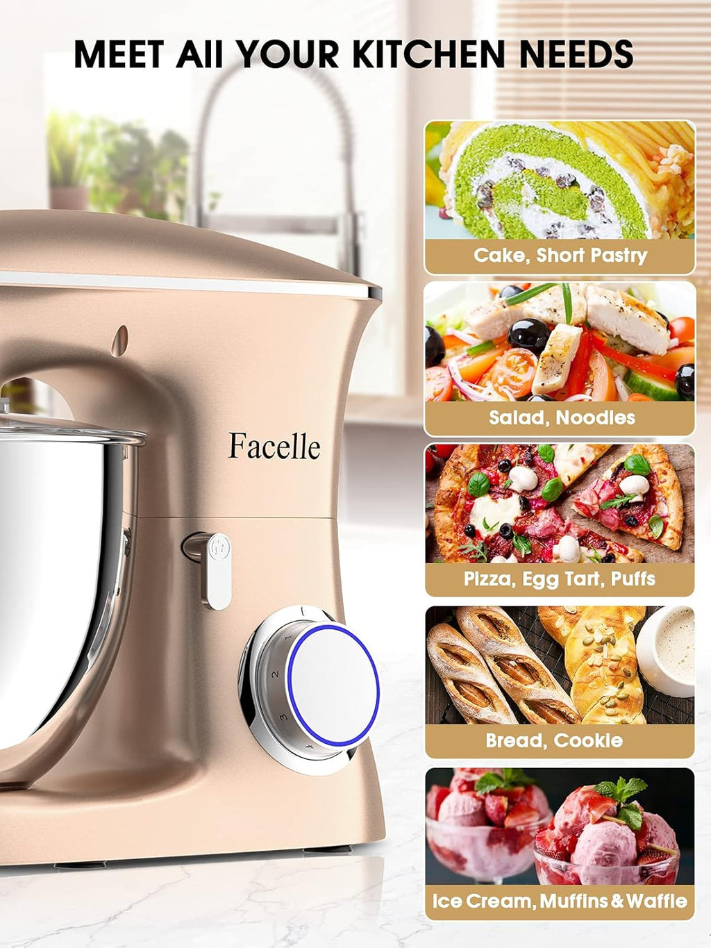 Facelle Robot Ptissier Multifonctions de Cuisine 1500W 8.5L, Puissant, Métalique, Mixeur Batteur sur Scole, avec Batteur, Fouet, Crochet Pétrin, 6 Vitesses,Robot Patisserie Multifonction