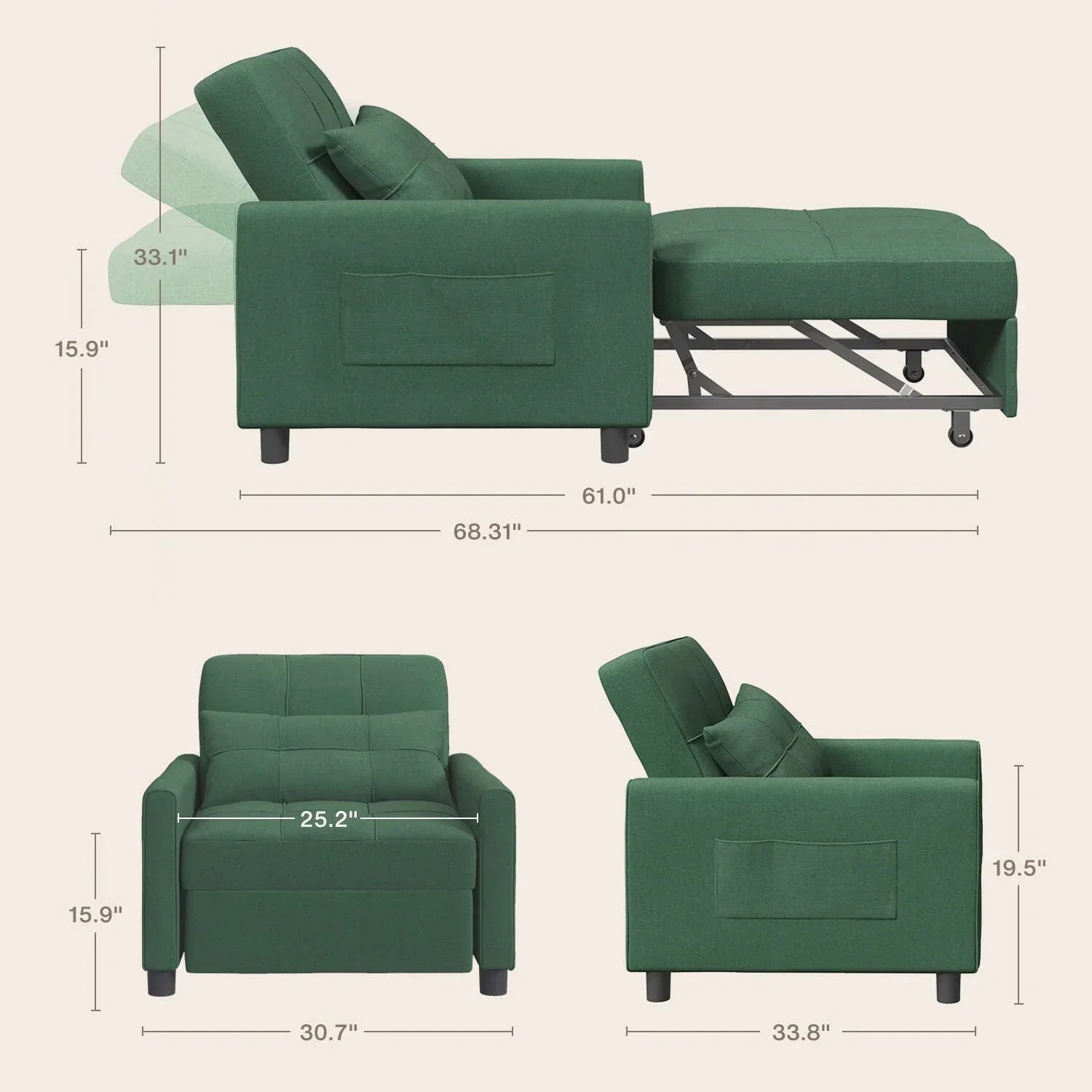 Canapé-lit convertible 3-en-1, Canapé-chaise dépliable, Lit pliant convertible pour salon