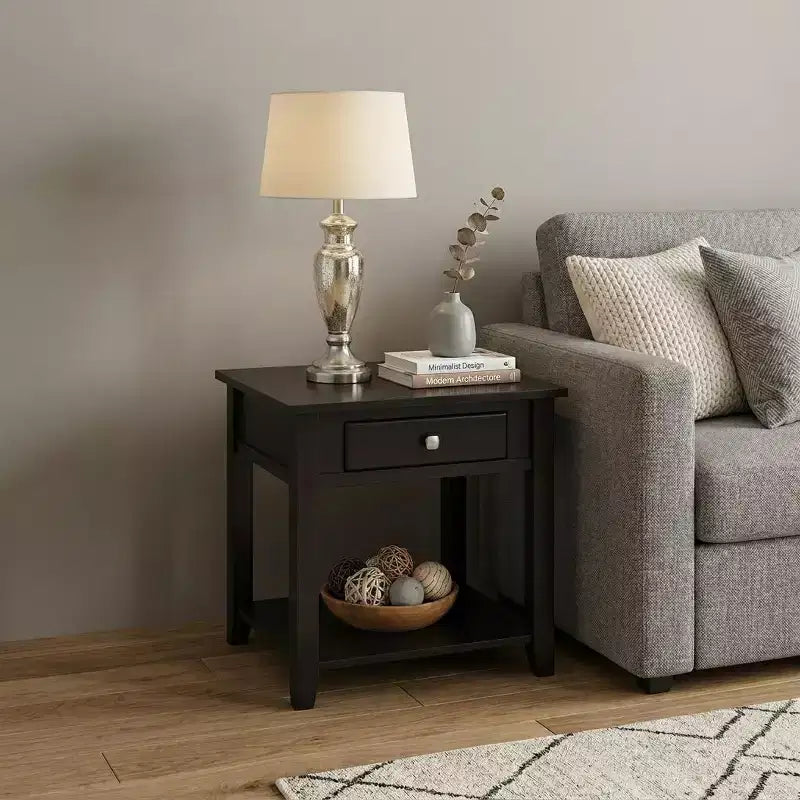 Table d'appoint carrée HomeRoots 22 en bois manufacturé noir avec tiroir et étagère