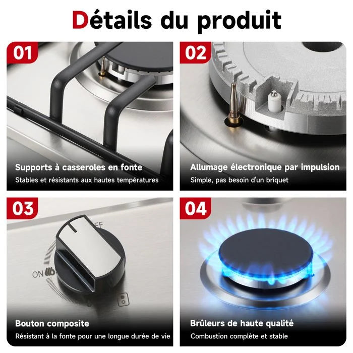 Plaque gaz WEHIMO 2 feux encastrable verre trempé