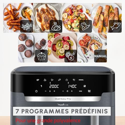 Moulinex air fryer deux compartiments, très grande capacité 11L, 10 personnes, 7 Programmes automatiques, friteuse sans huile, Ecran tactile digital, Dual inox, EZ942BF0, Gris foncé : Cuisine et Maison