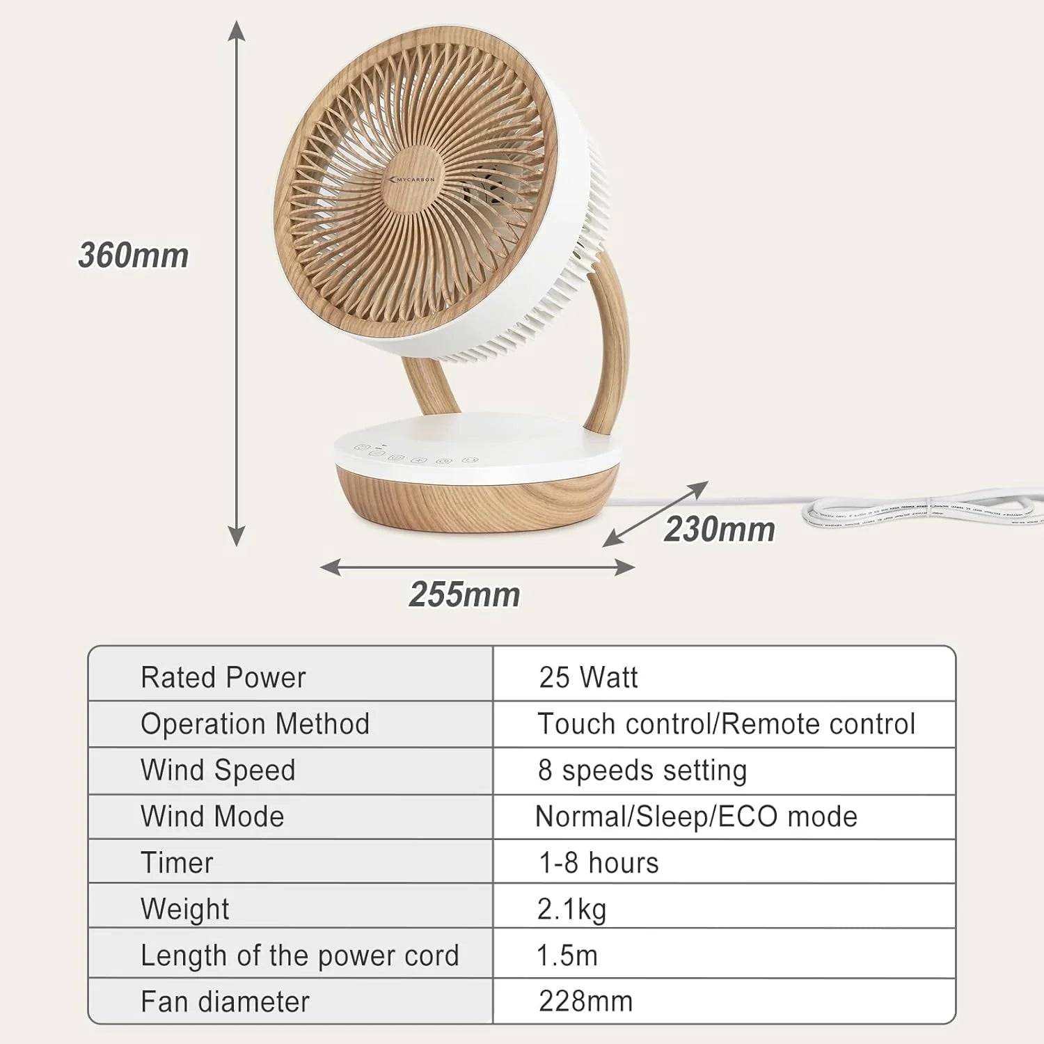 MYCARBON DC Ventilateur Ultra Silencieux 20dB avec Télécommande 1800m³/ h Ventilateur de Table Puissant et Silencieux 8 Vitesses 8h Minuterie 3D Oscillation Mode ECO pour Chambre Bureau, FS05-DC
