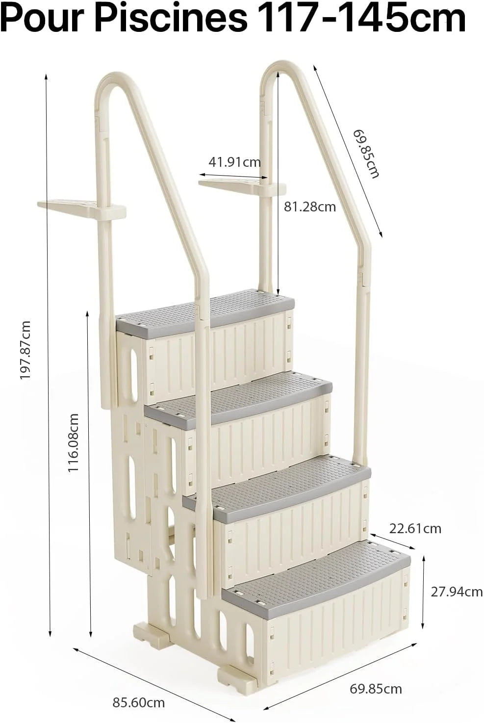 BONNLO Échelle de Piscine Antidérapante PE, Escalier de Piscine, Adaptée aux Piscines Hors Sol et Creusées Intérieur Extérieur, Blanc Cassé (Blanc + Pédale Grise, 4)