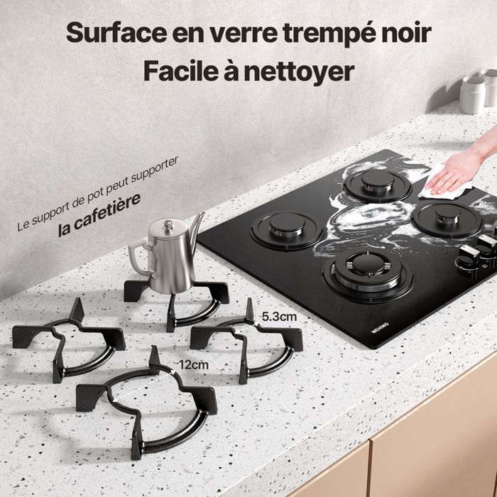 Plaque gaz WEHIMO 2 feux encastrable verre trempé