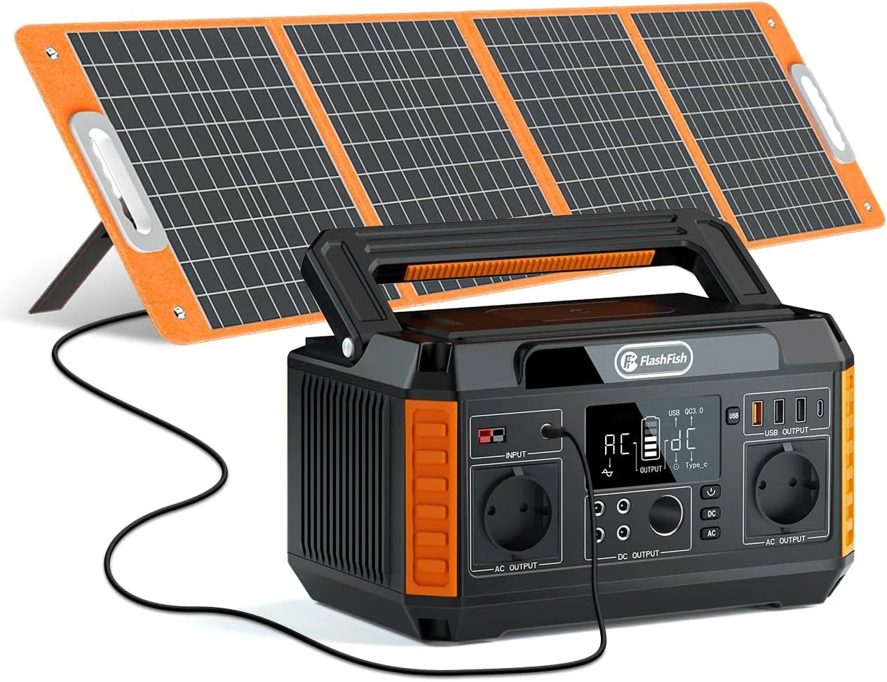 FlashFish 520Wh Generateur Electrique avec Panneau Solaire 100W,Station Electrique Portable avec 2x CA 560W(crête 1100W),5x Sorties CC et 4x USB,Batterie de Secours pour Camping,Extérieur,Domestique