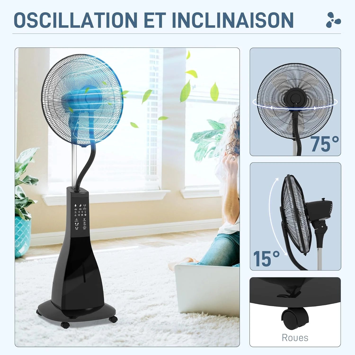HOMCOM Ventilateur brumisateur sur roulettes ventilateur sur pied 90 W télécommande affichage LED télécommande minuterie 3 modes 3 vitesses oscillant, inclinable réservoir 3L - noir