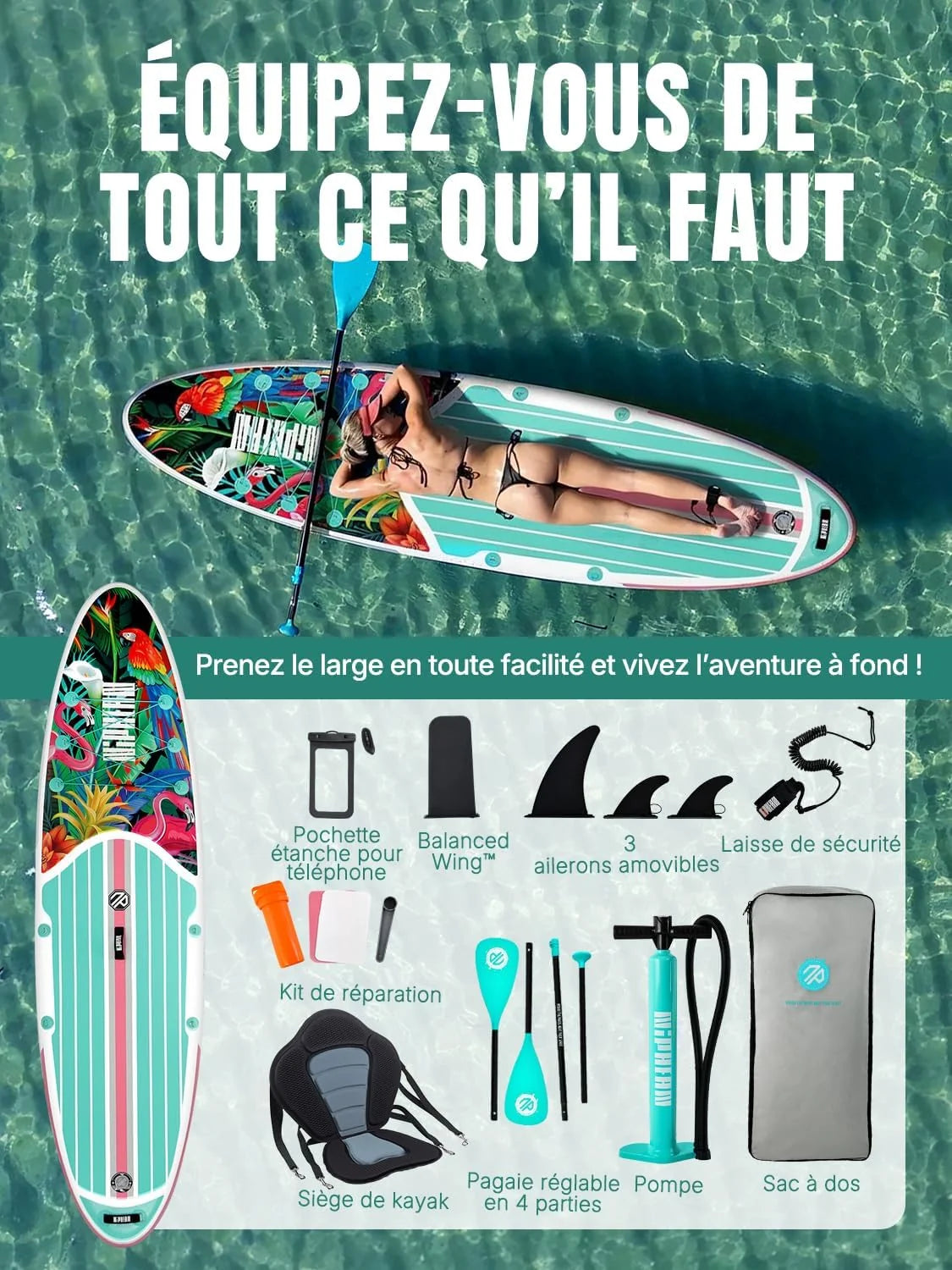 Niphean Paddle Gonflable Adulte avec Tous Les Accessoires, 320cm Planches de Stand Up Paddle Gonflables pour Tous Les Niveaux, Sup avec Capacité 200 kg pour 2 Personnes, Paddle Gonflable avec Siège