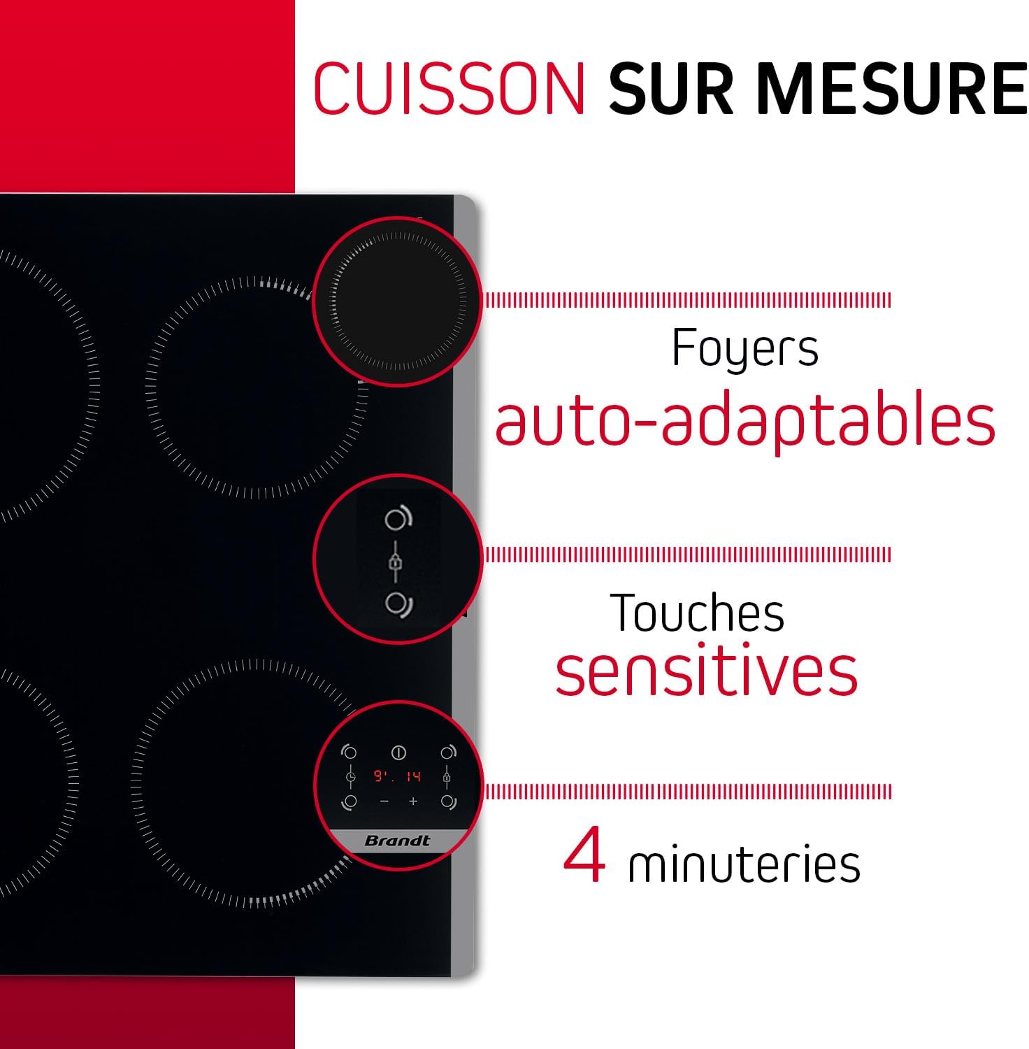 Brandt - BPI6464B - Plaque Induction - Table de Cuisson Encastrable - Noir - 4 Foyers - 7200W - Dimensions Encastrement : 56x49cm - Précision et Performances - Fabriqué en France
