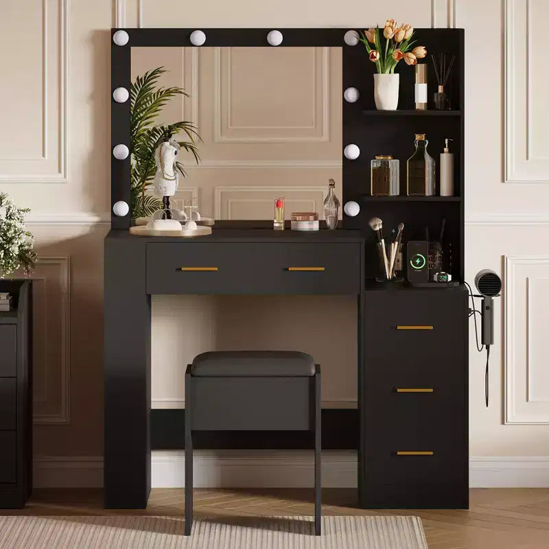 Miroir 10 ampoules | Prises intégrées Grande coiffeuse de 104 cm avec miroir et 3 modes d'éclairage - Table de maquillage avec tabouret et 5 tiroirs pour chambre à coucher
