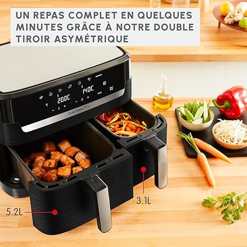 Moulinex air fryer deux compartiments, très grande capacité 11L, 10 personnes, 7 Programmes automatiques, friteuse sans huile, Ecran tactile digital, Dual inox, EZ942BF0, Gris foncé : Cuisine et Maison
